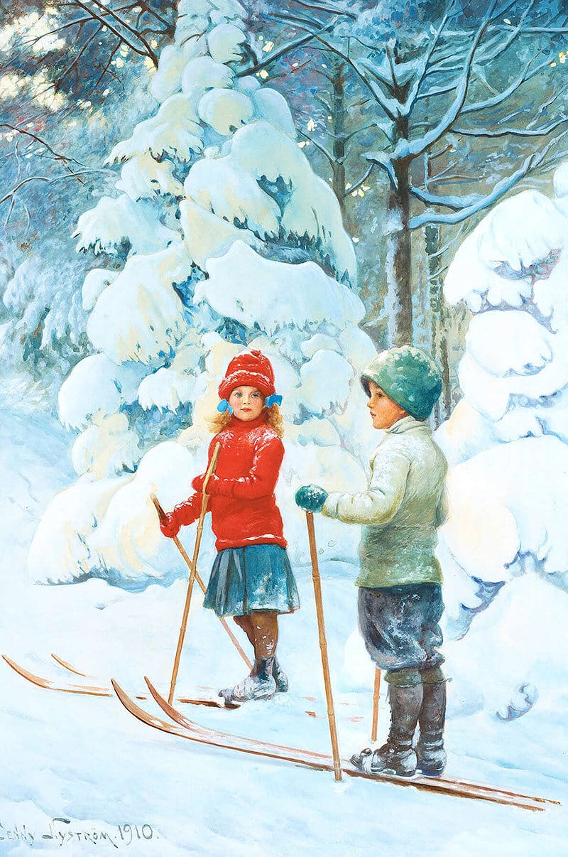 En vacker målning av Jenny Nyström med två barn på skidor.