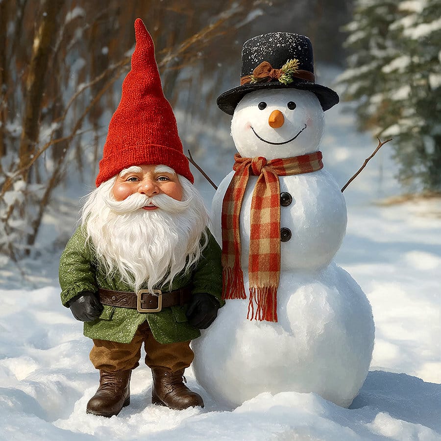 En nisse med en snögubbe