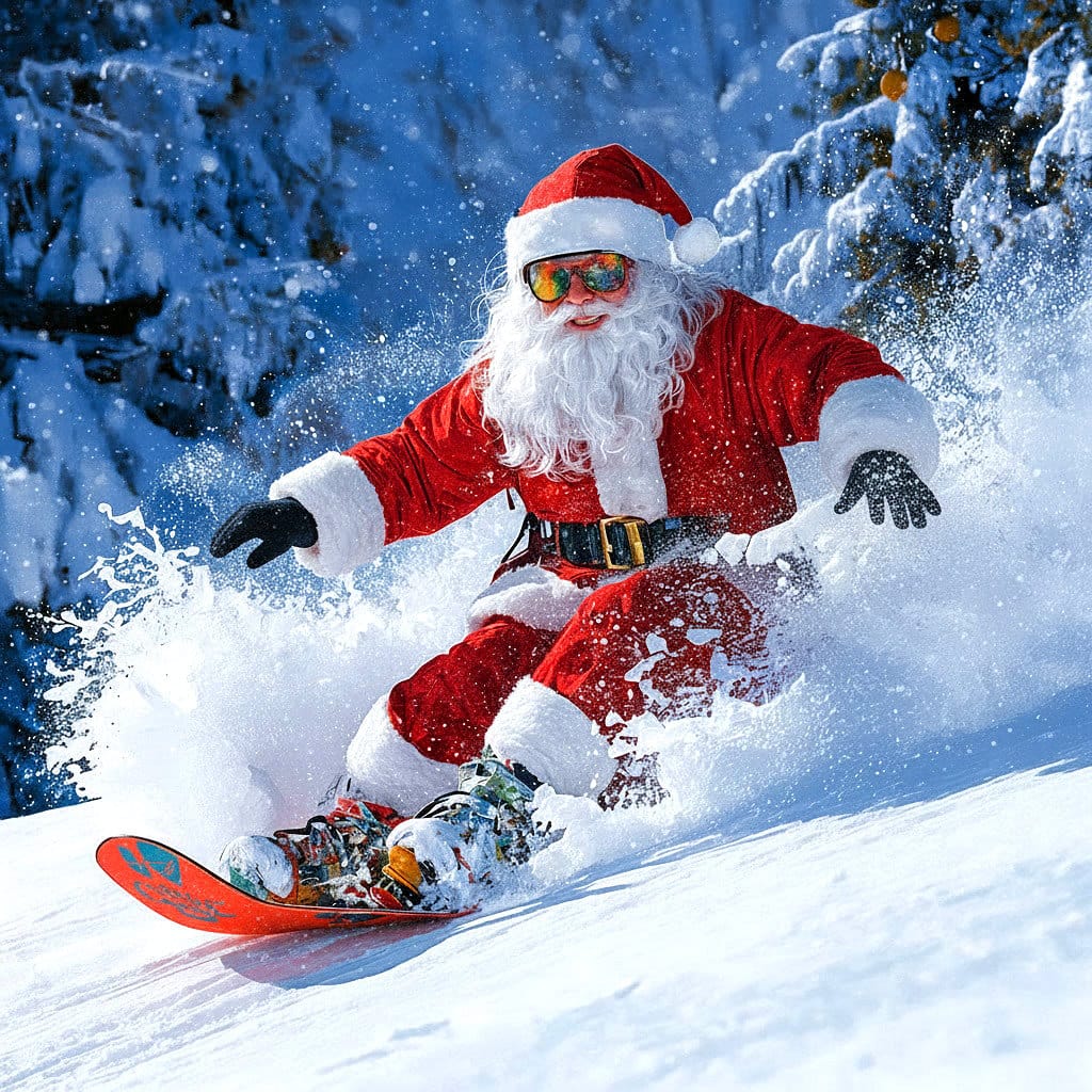 Tomten åker snowboard