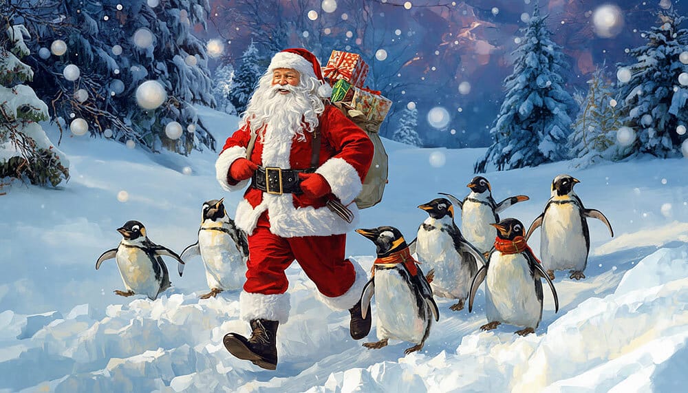 En promenad med tomten och pingviner vid sin sida