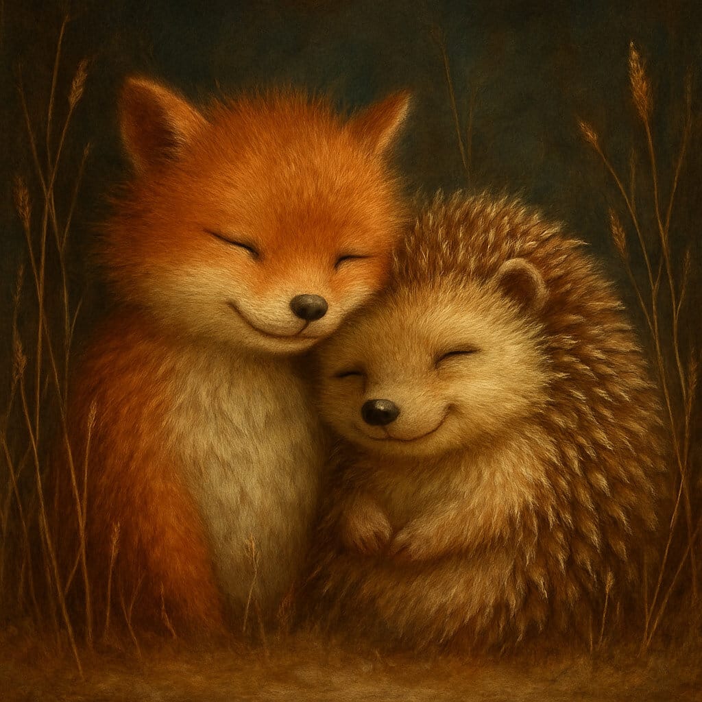 En räv och igelkott omfamnar varandra.